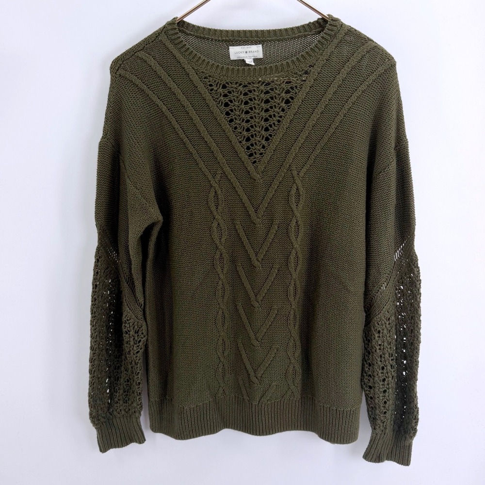 Lucky Brand Womens Cable Knit Crochet Long Sleeve Sweater XS Olive Green